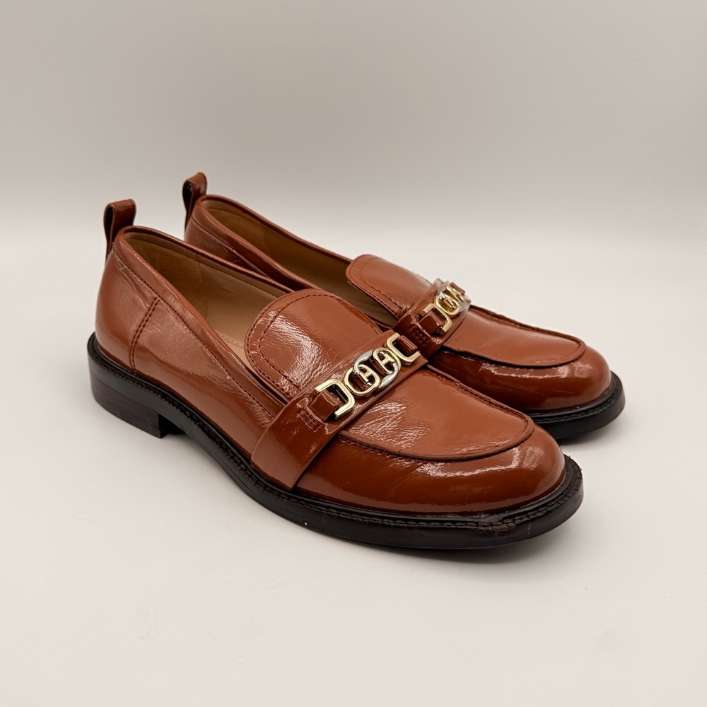 Sam Edelman Brown Leather Loafers Gold Chain Detail Classic Preppy Size 7.5